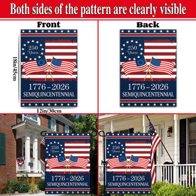 Pziauot 250th Anniversary America Garden Flag hanging on a deck for curb appeal.