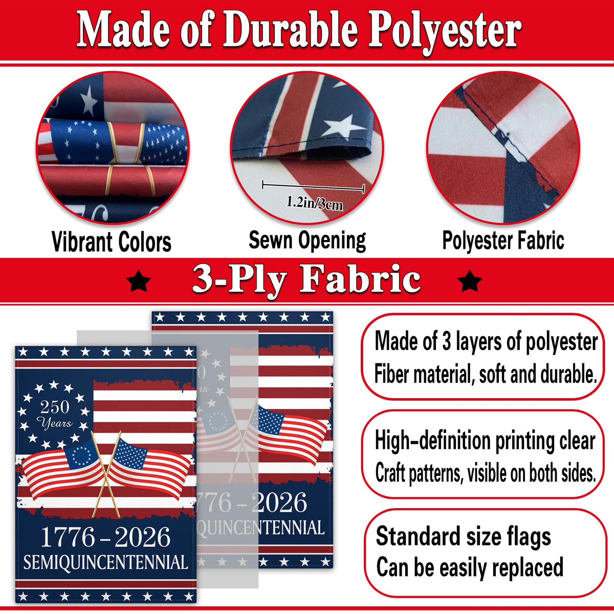 Pziauot 250th Anniversary America Garden Flag side view shows double-sided colors.
