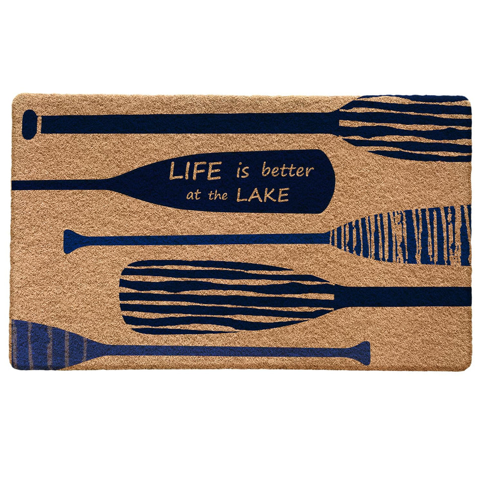 Qabliqo lake house door mat at entry with lake motif helping keep dirt outside and tidy