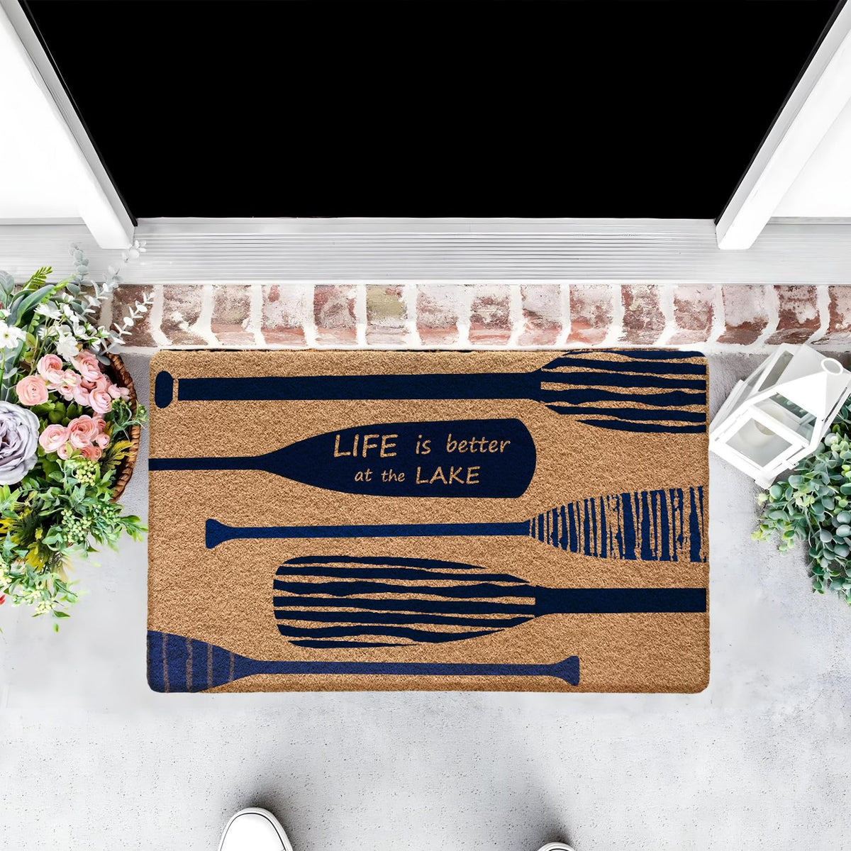 Qabliqo lake motif outdoor door mat showcases durable design with non-slip backing