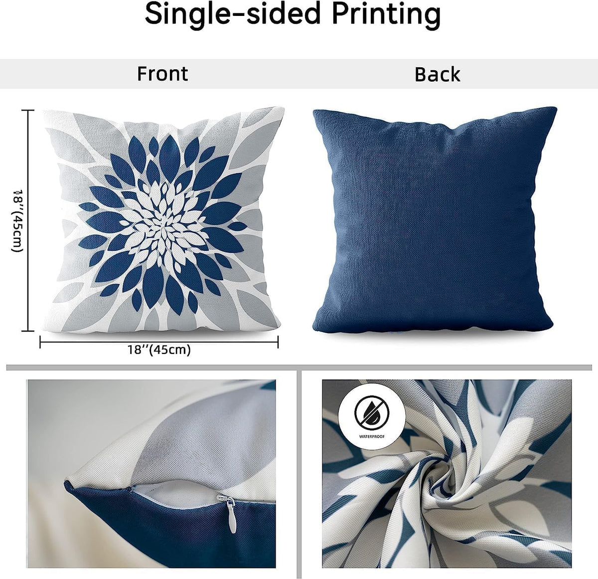 Blue grey colorway complements outdoor furniture and indoor decor.