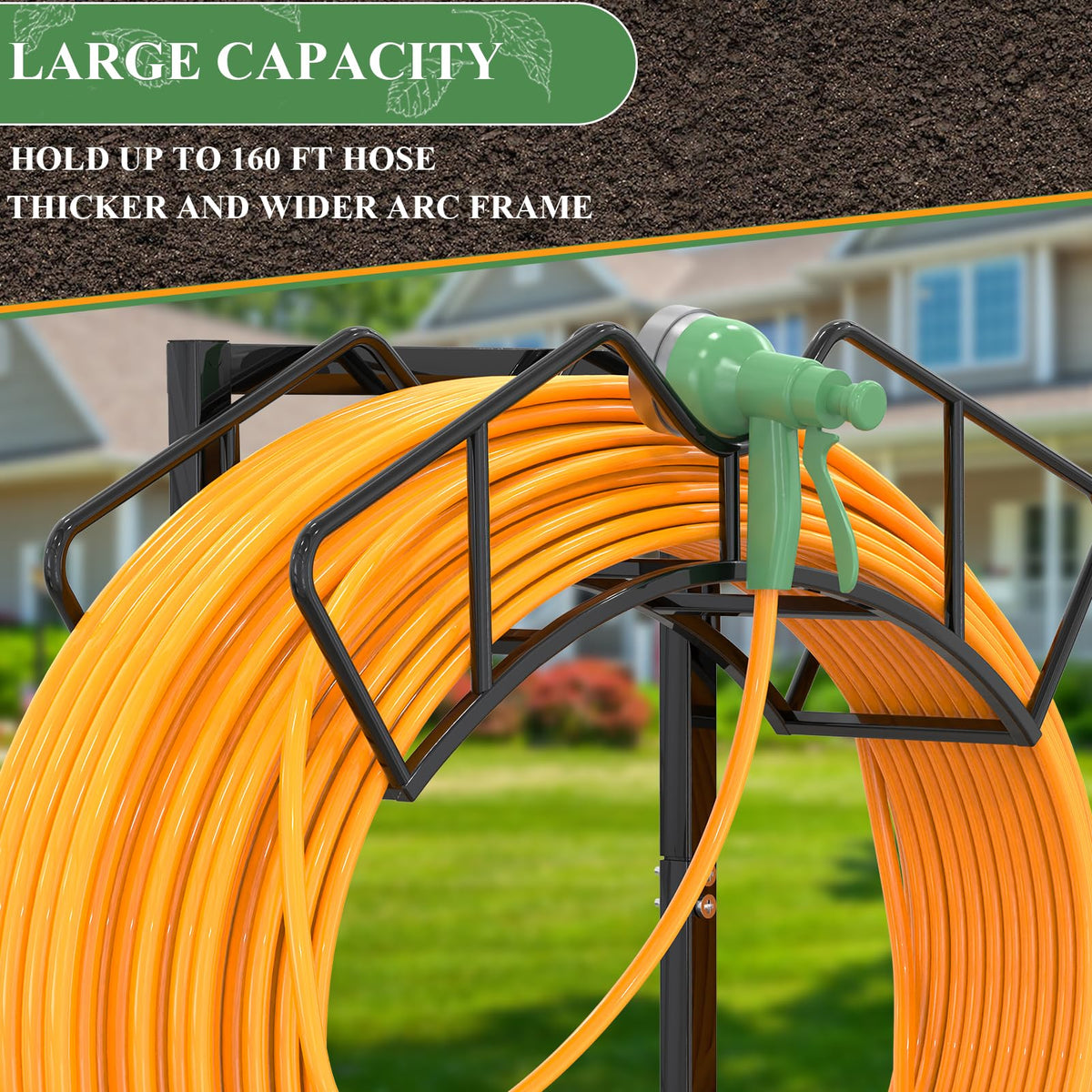 Qatsrin freestanding hose storage rack organizes long hoses in outdoor spaces.