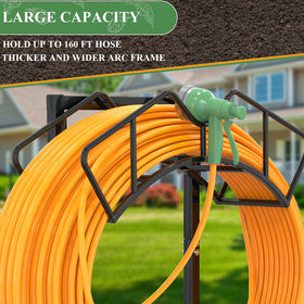 Qatsrin freestanding hose storage rack organizes long hoses in outdoor spaces.