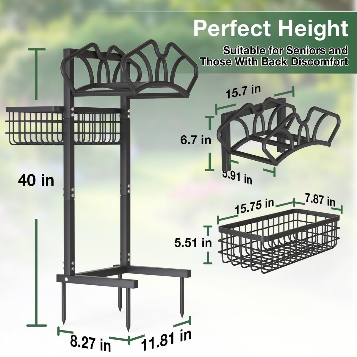 Qatsrin garden hose stand keeps yard gear organized.