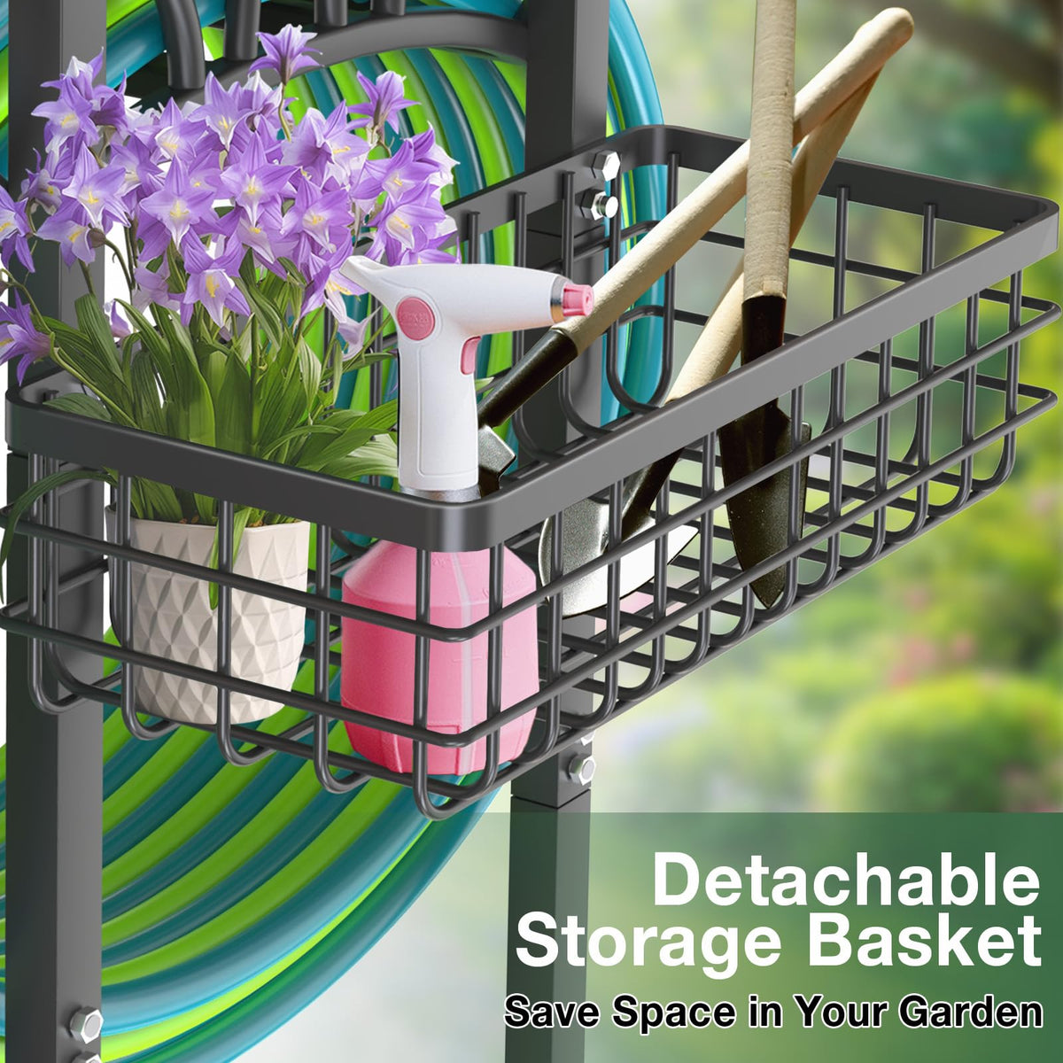 Qatsrin hose holder basket stores gloves and tools for quick access.