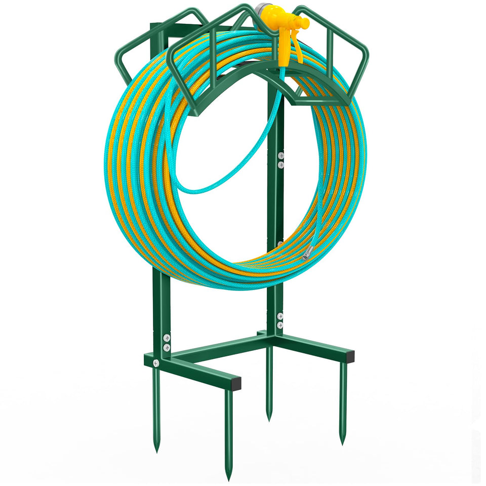Qatsrin hose holder outdoor stand keeps hoses neatly organized for easy access.