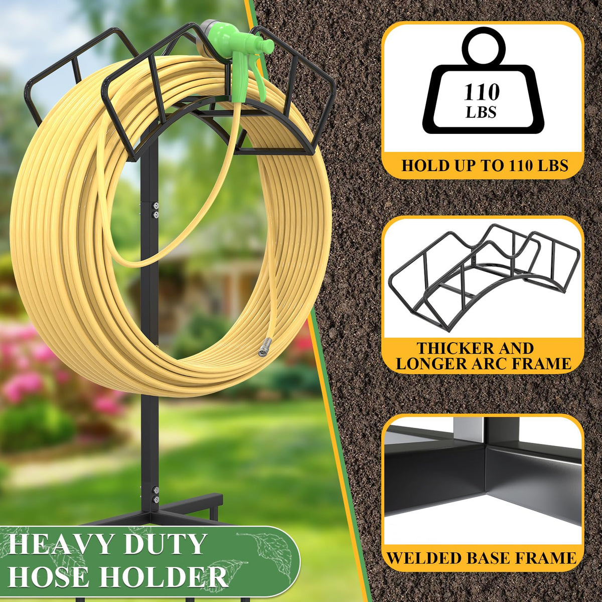 Qatsrin hose holder side view displaying tall arch for organized hose storage