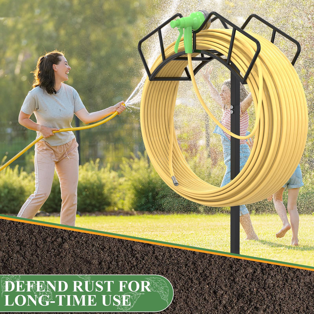 Qatsrin hose holder with hose loaded demonstrates convenient yard organization