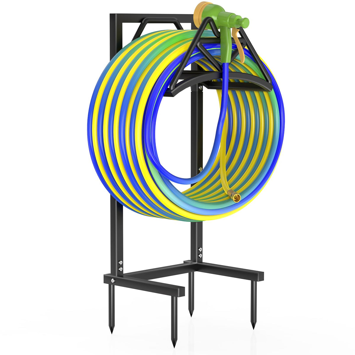 Qatsrin New Garden Hose Holder base with four spikes anchors securely for long hoses outdoors