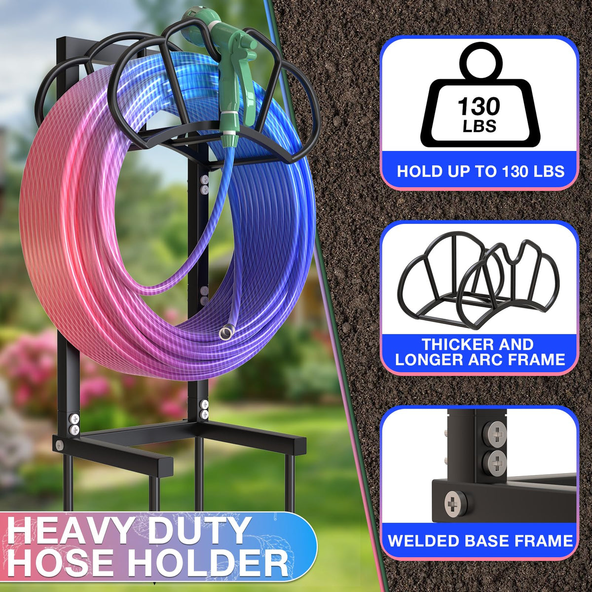 Qatsrin hose holder on a sturdy freestanding base for reliable yard storage.
