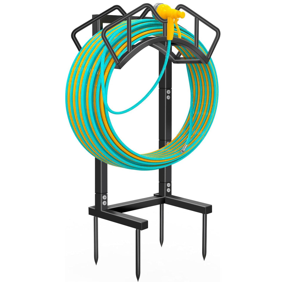 Qatsrin Super Stable garden hose holder stand keeps hoses tidy and ready for use.