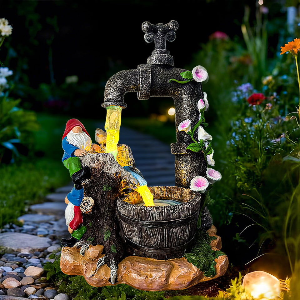 QCF solar garden gnome faucet adds whimsy to outdoor spaces.