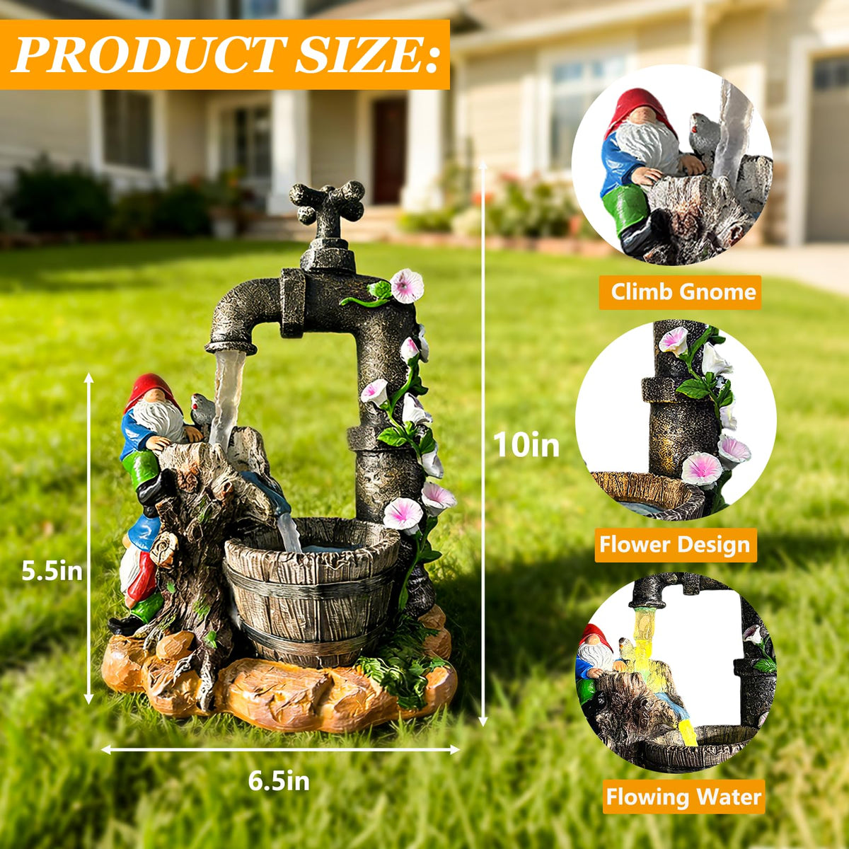 QCF resin gnome statue withstands rain and sun for year-round use.