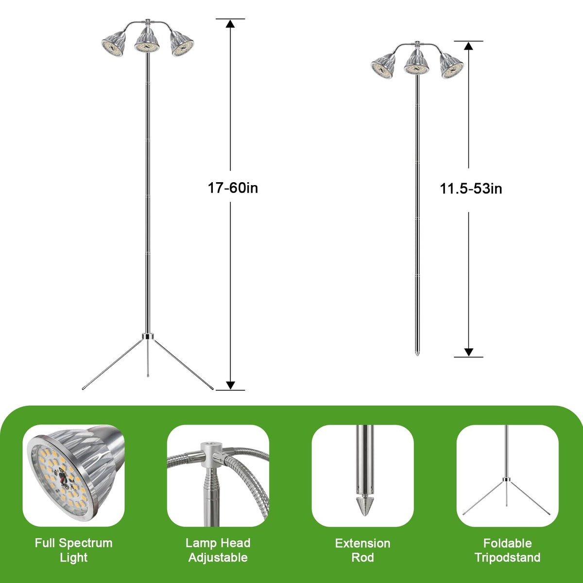 QCQHDU adjustable tripod stand extended to support tall indoor plants and seedlings.