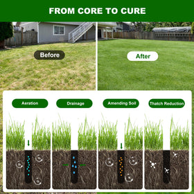 Qdreclod hollow tines prevent clogging while delivering deeper, wider holes for drainage.