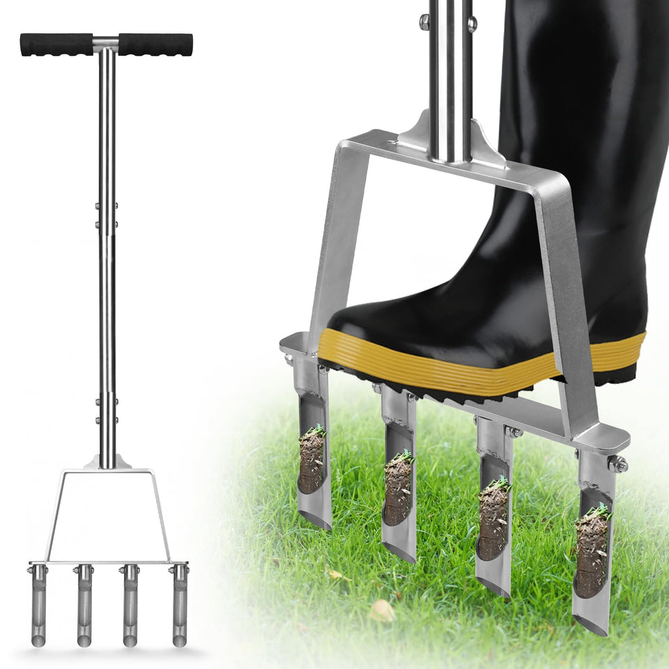 Qdreclod lawn core aerator with four hollow tines for faster soil core extraction and aeration.