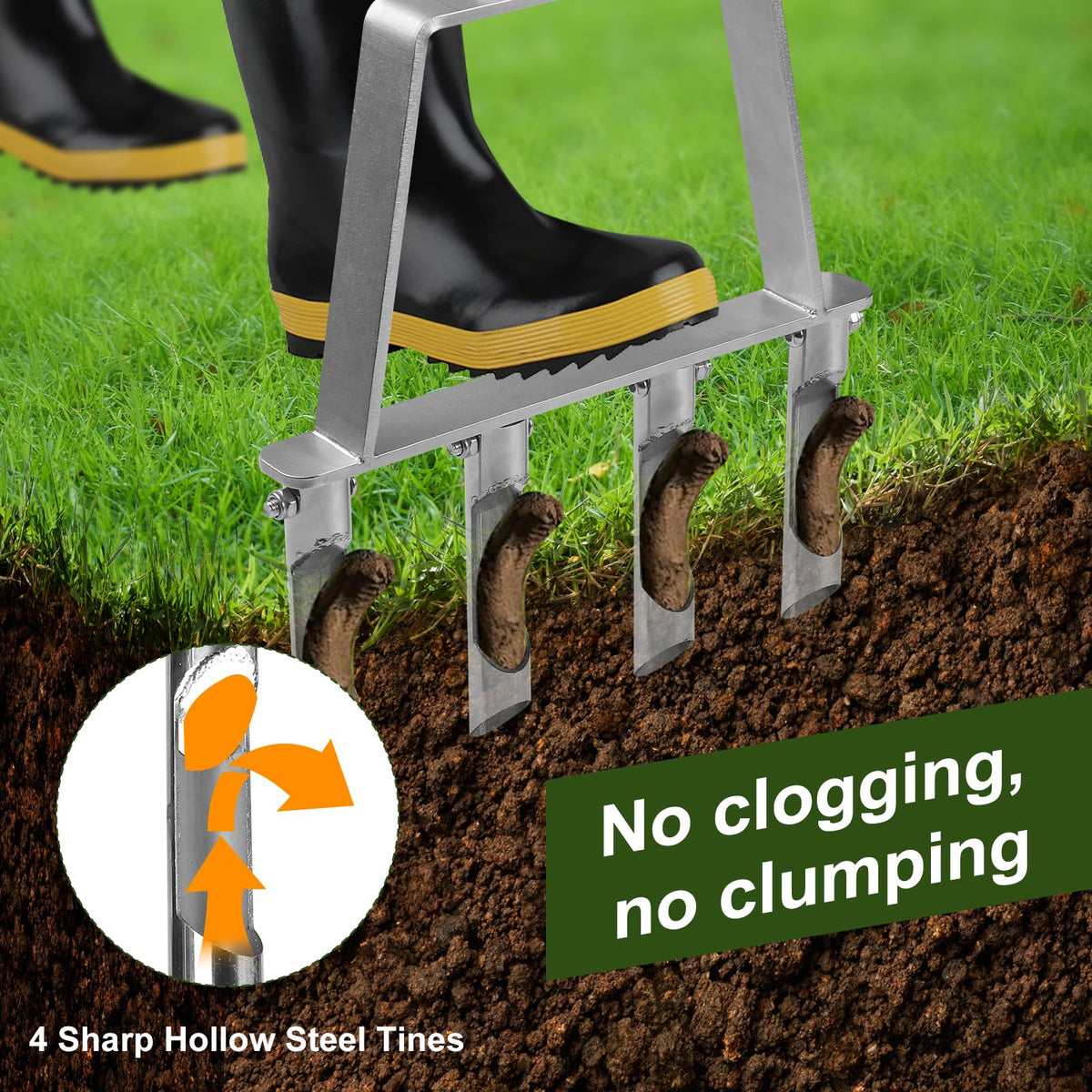 Qdreclod manual aerator shows a 36-inch leverage handle for easier yard work.
