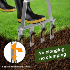 Qdreclod manual aerator shows a 36-inch leverage handle for easier yard work.