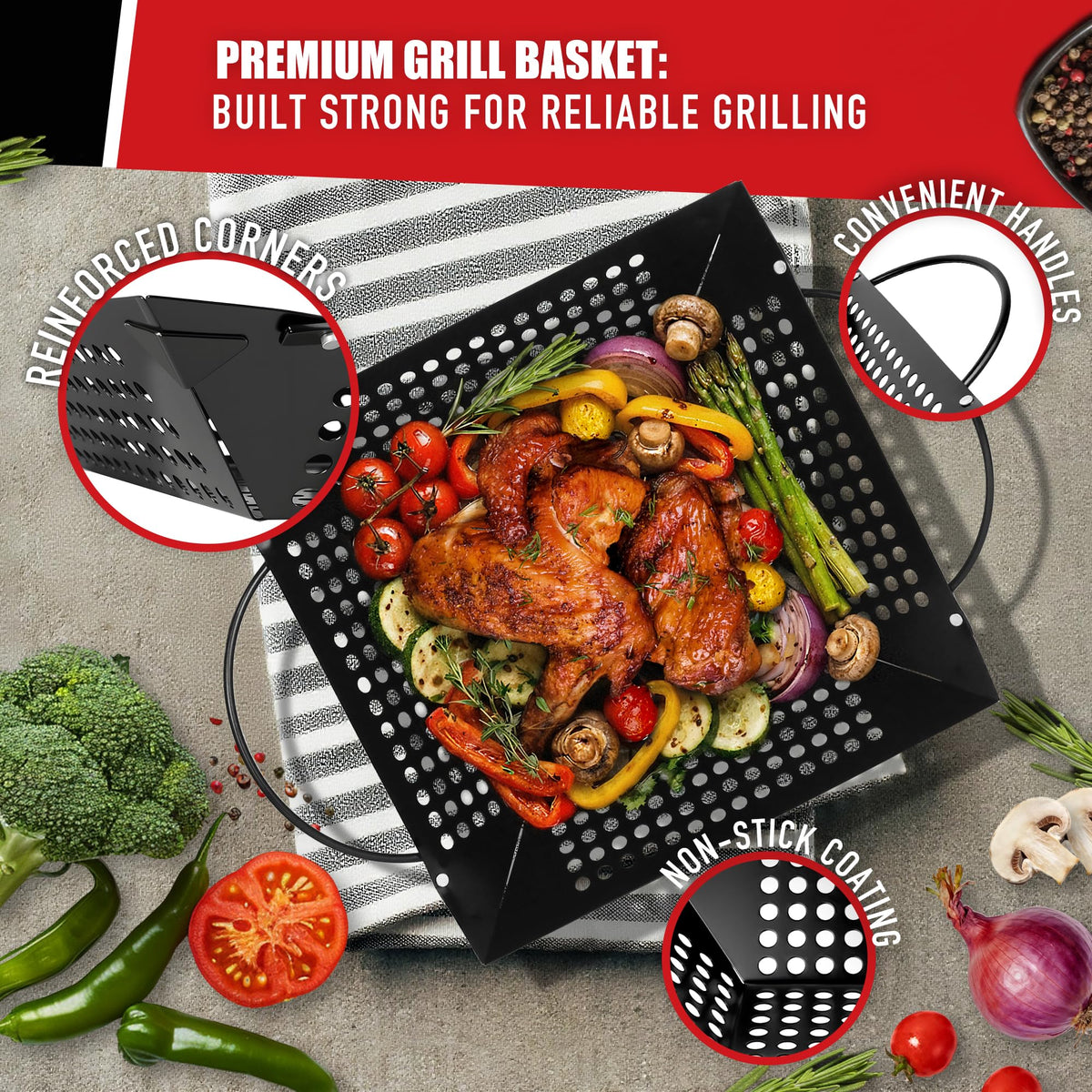Qetumst grill basket riveted handles close-up for secure transfers