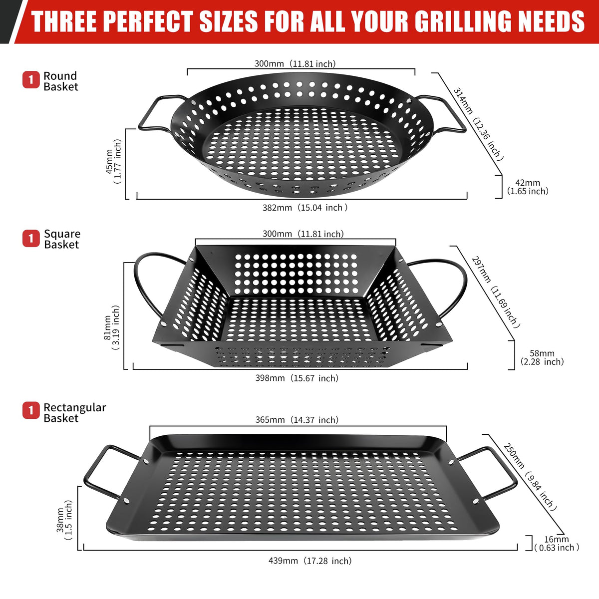 Qetumst large 3-piece grill basket round perfect for meat and veggies