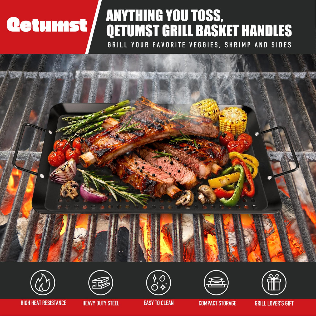 Qetumst large 3-piece grill basket square ideal for vegetables and seafood grilling