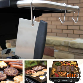 Qfire griddle scraper in use on Blue Rhino Razor, easy cleanup