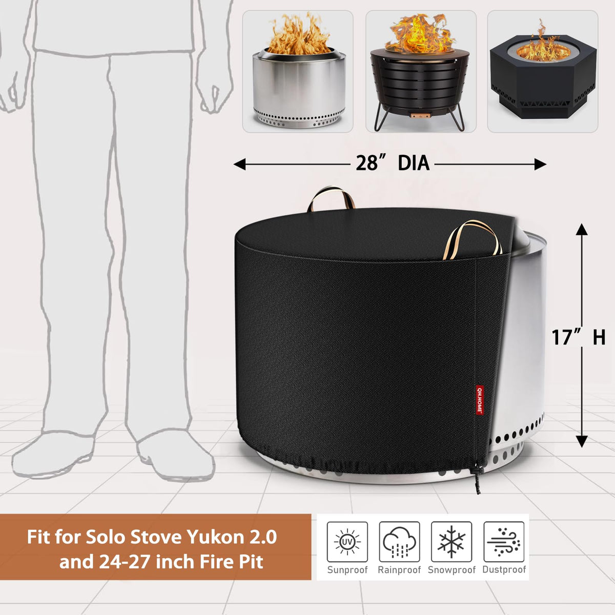 QH.HOME waterproof round fire pit cover demonstrates three-layer protection for dry pits.