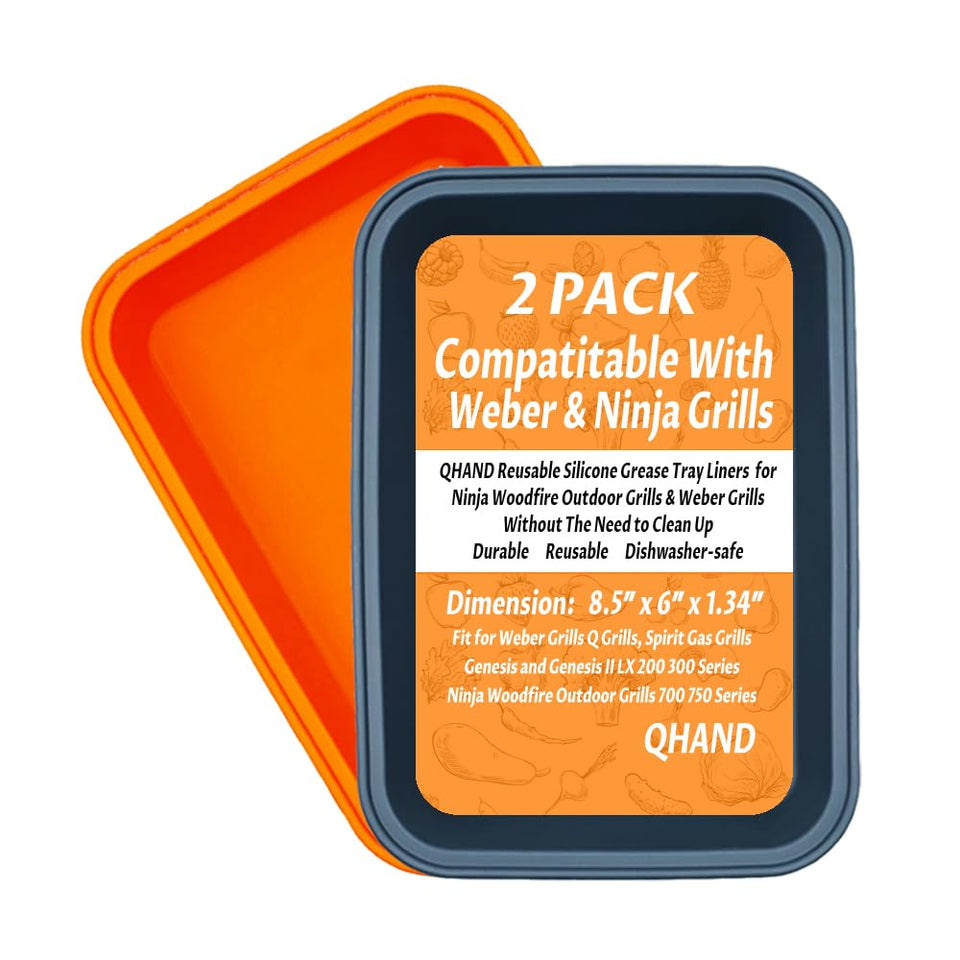 QHAND drip pans for Weber compatibility illustration showing snug fit and leak prevention