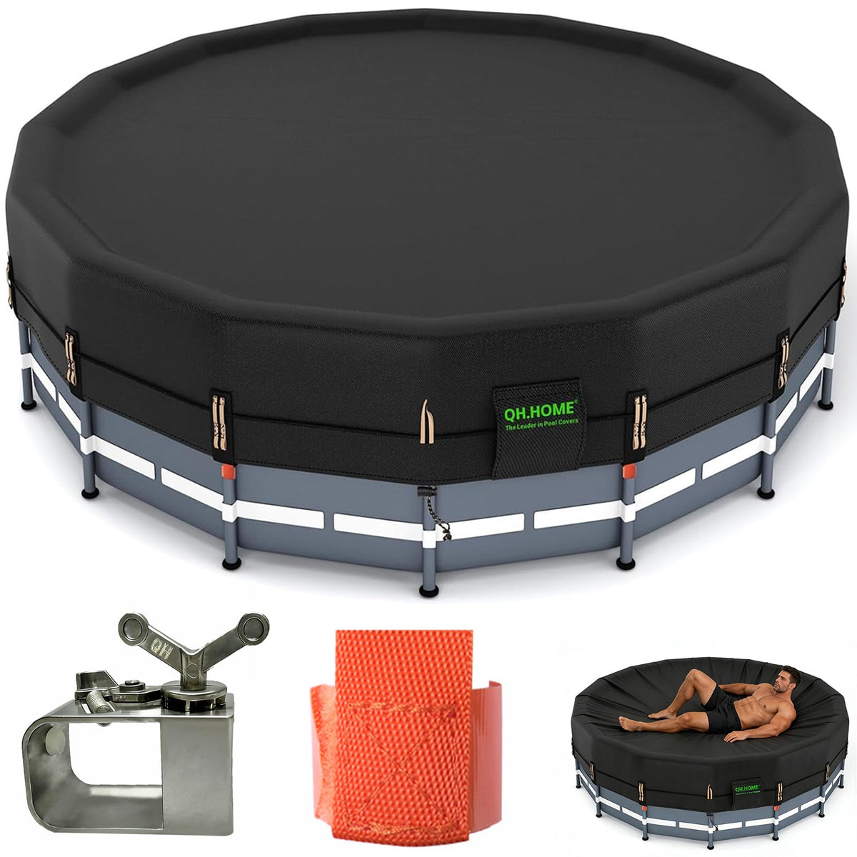 QH.HOME 550D round pool cover with pre-installed winch for quick setup.