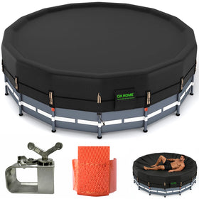 QH.HOME 550D round pool cover with pre-installed winch for quick setup.