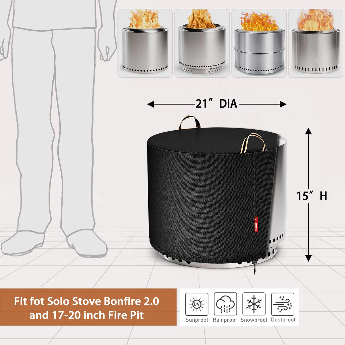 QH.HOME round fire pit cover showing 600D tear-resistant fabric durability.
