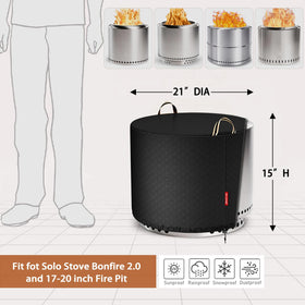 QH.HOME round fire pit cover showing 600D tear-resistant fabric durability.