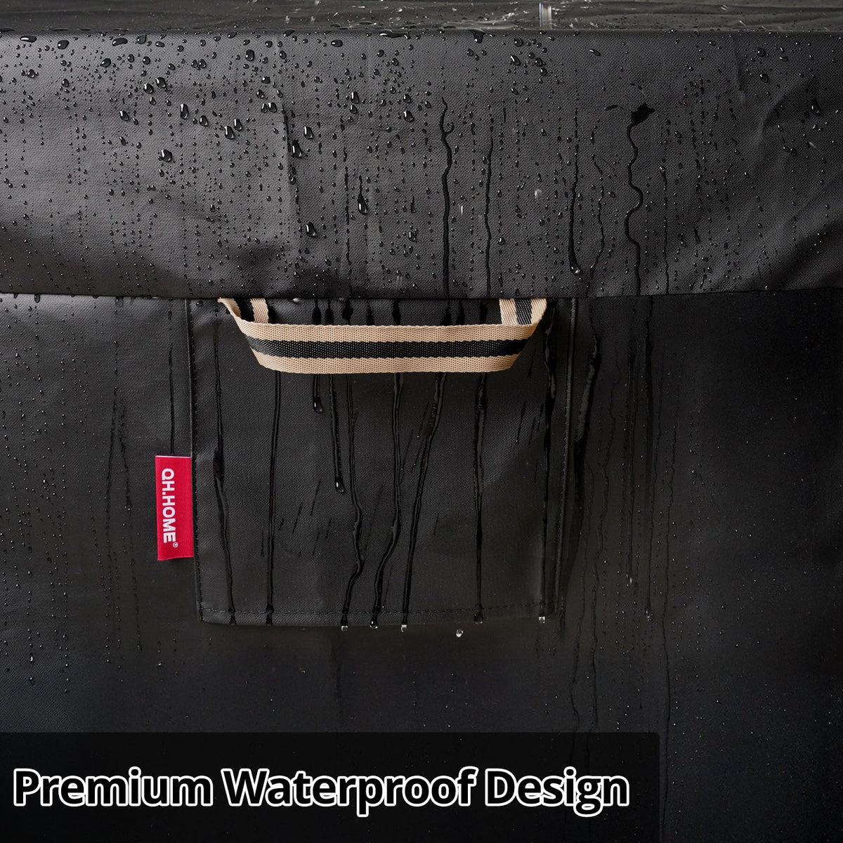 QH.HOME all-weather black fire pit cover shielding a 26-28 inch pit outdoors.