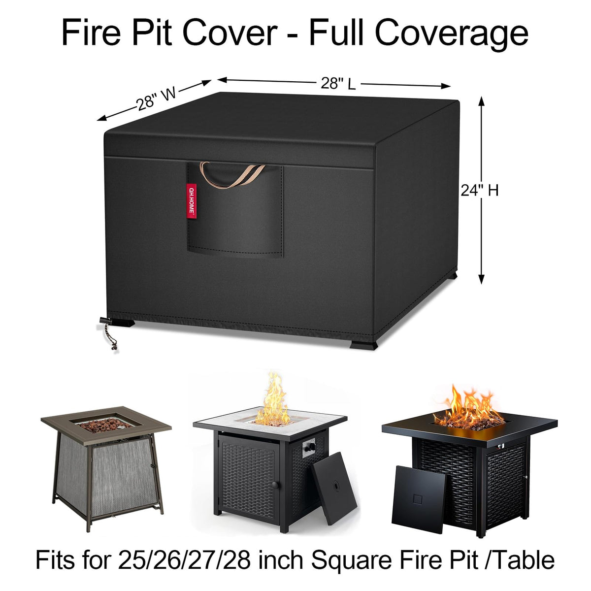 QH.HOME heavy-duty 900D fabric cover guarding the fire pit against sun and weather.