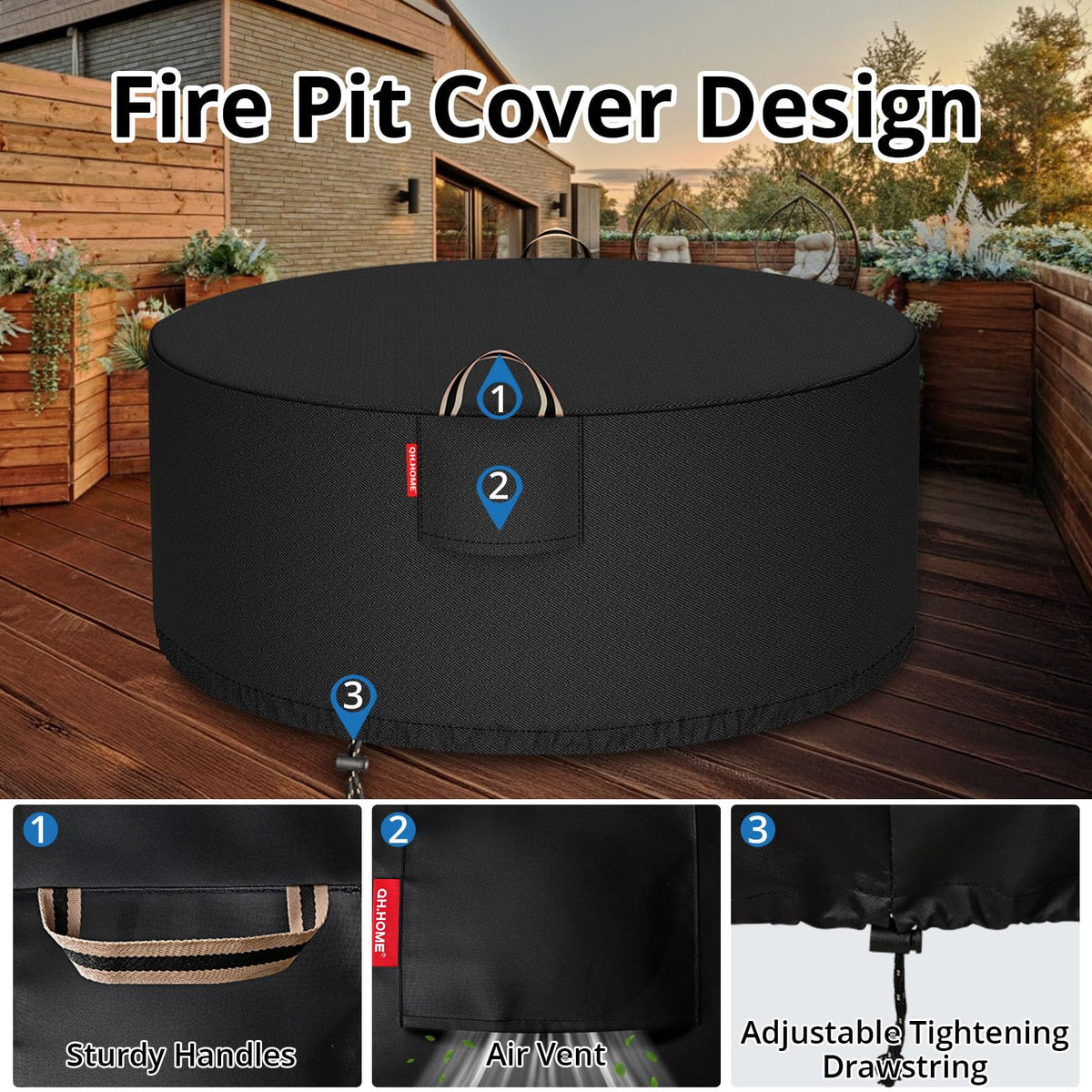 QH.HOME round fire pit cover compatible with most brands up to 44 inches