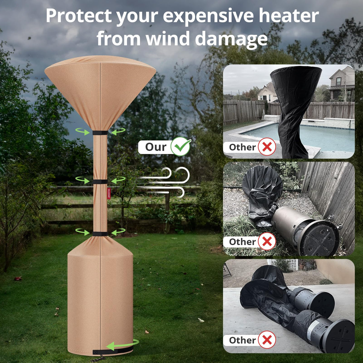 QH.HOME patio heater cover with wind-resistant design keeps your heater secure.