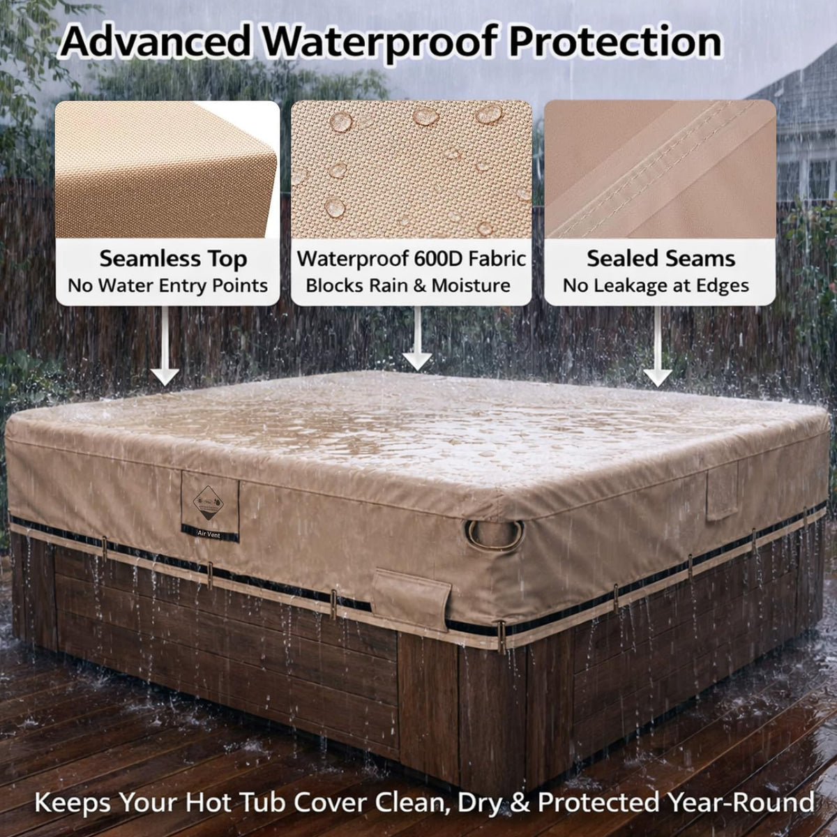 QH.HOME spa cover with wind-resistant design keeps tub secure during storms.