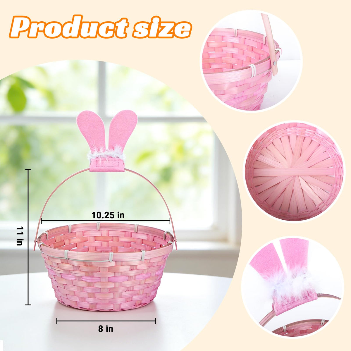 QHou Easter bamboo basket in blue with ears, adds playful storage for treats.
