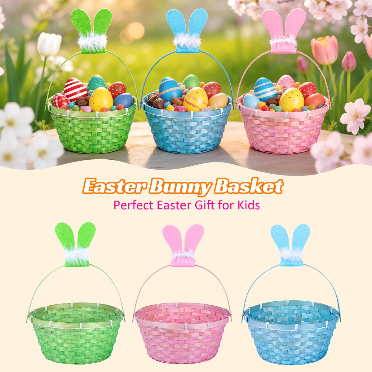QHou Easter bamboo basket in green with ears, lightweight and easy to carry.