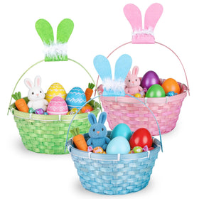 QHou Easter bamboo basket in pink with ears, ideal for egg hunts and gifts.
