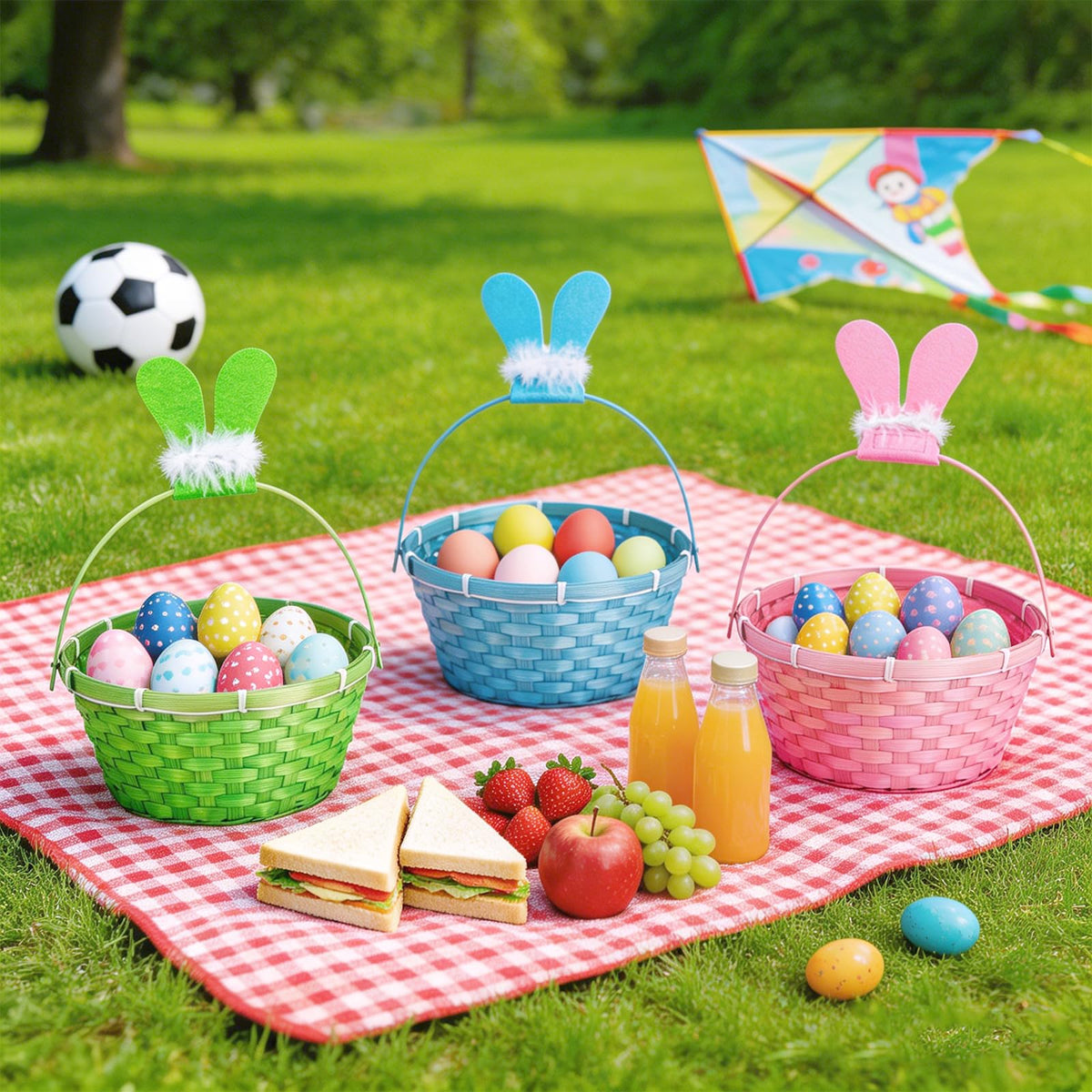 QHou Easter eggs hunt basket ready for collecting colorful eggs.