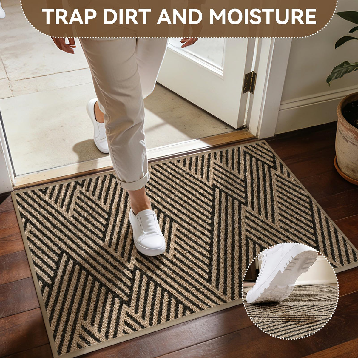 QiCaiJia door mat features a non-slip backing for safe footing.