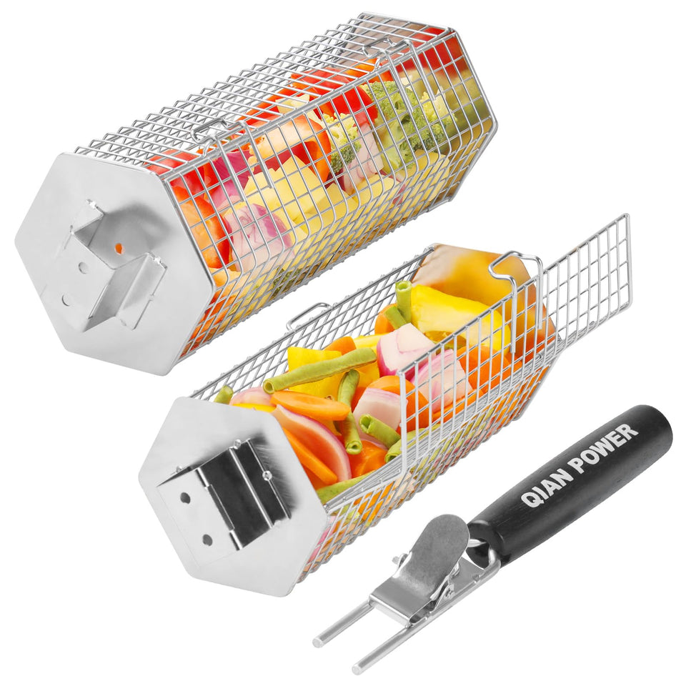 QIAN POWER grill basket with hexagon design prevents rolling for even cooking