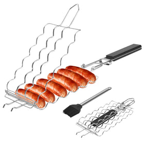 Qian Power hotdog bbq basket grilling six sausages evenly on the grill