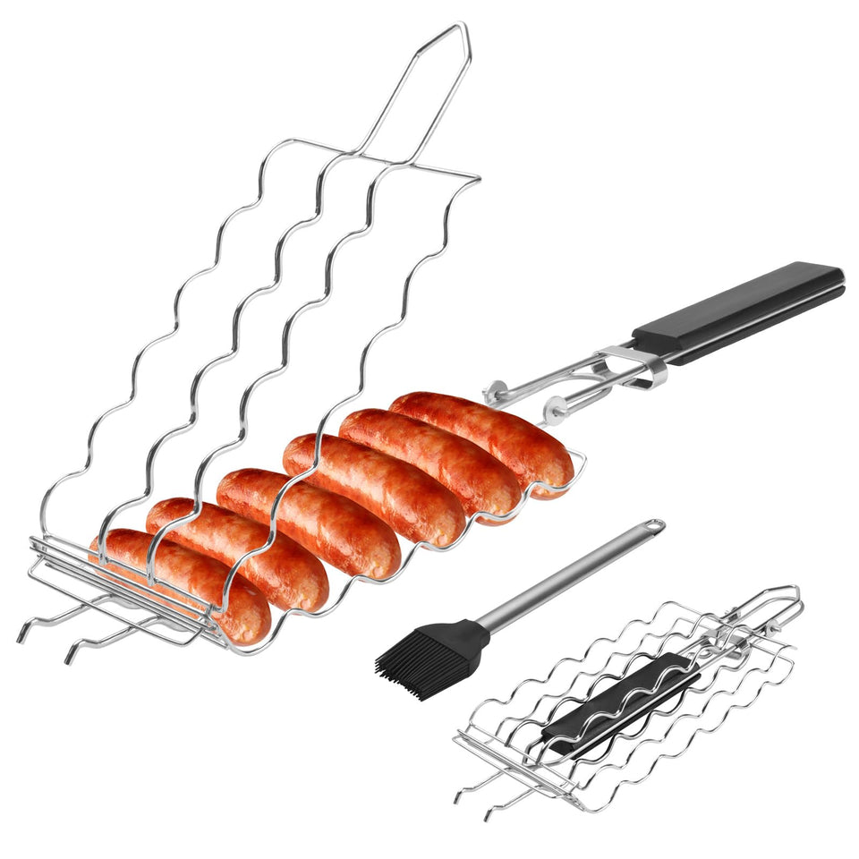 Qian Power hotdog bbq basket grilling six sausages evenly on the grill