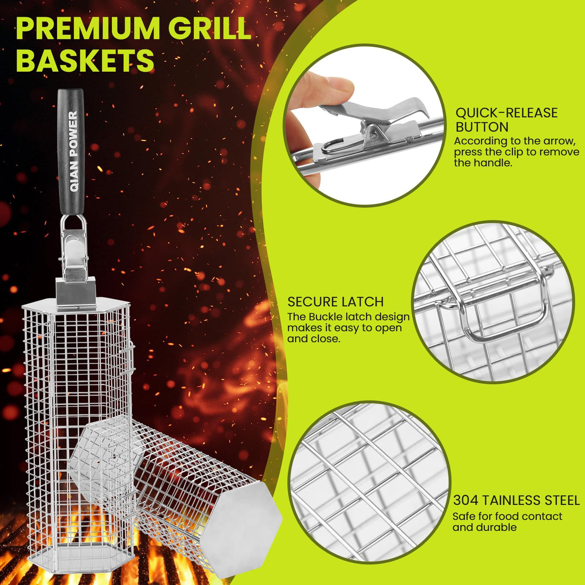 QIAN POWER grill basket with removable wooden handle for safe handling