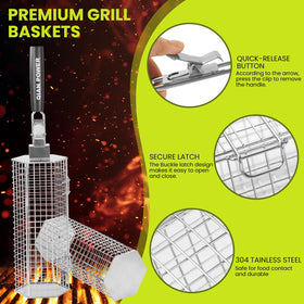QIAN POWER grill basket with removable wooden handle for safe handling