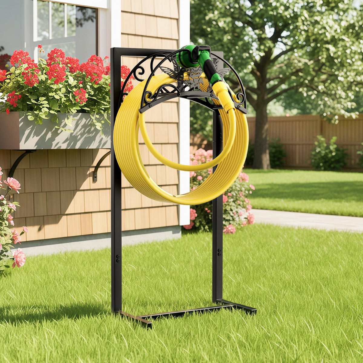 Qiaogreen hose holder with anti-rust coating for long outdoor life.