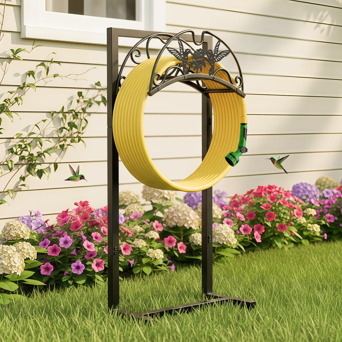 Qiaogreen garden hose holder with four-anchor base for stable upright storage.