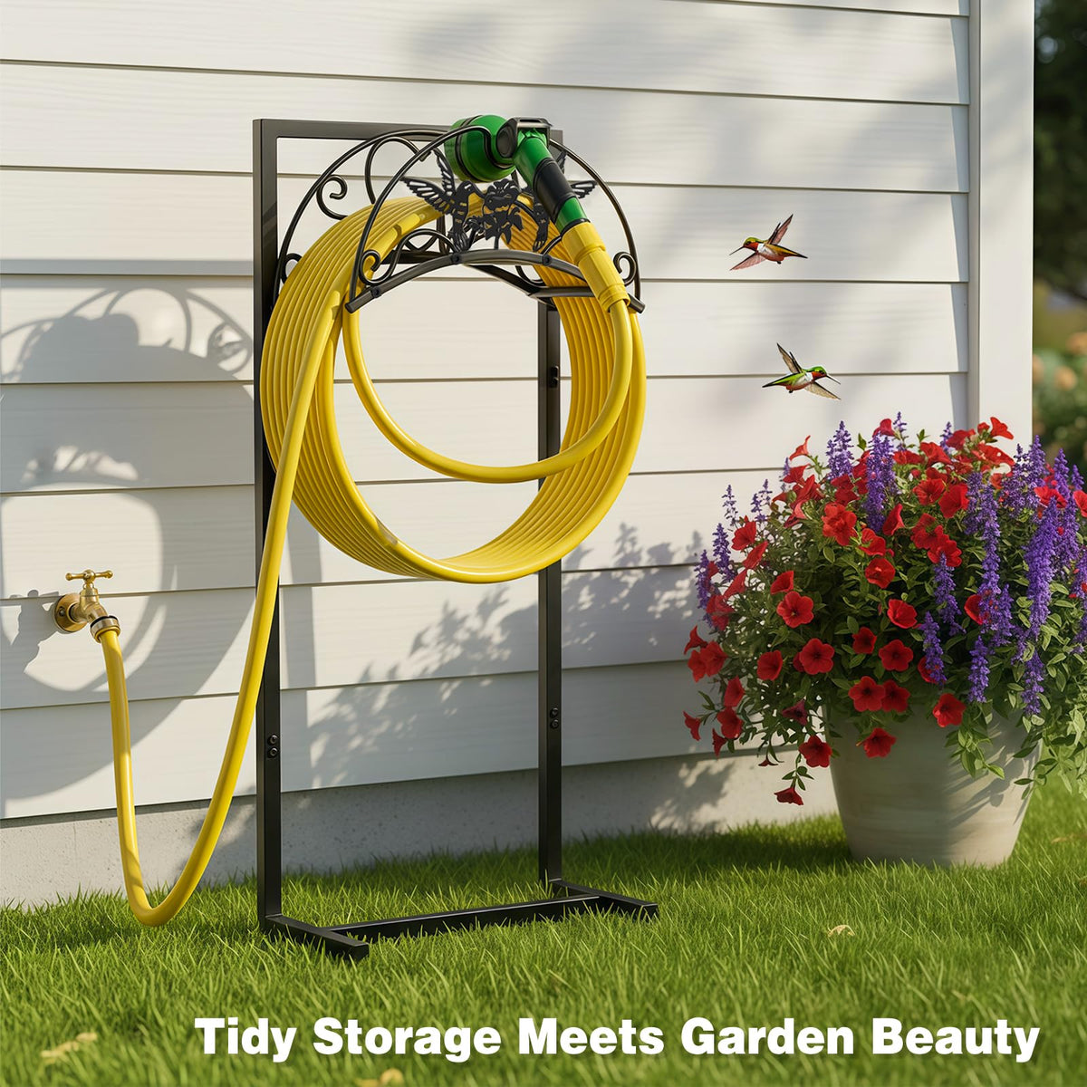 Qiaogreen hose holder holds up to 150 feet for roomy outdoor watering.